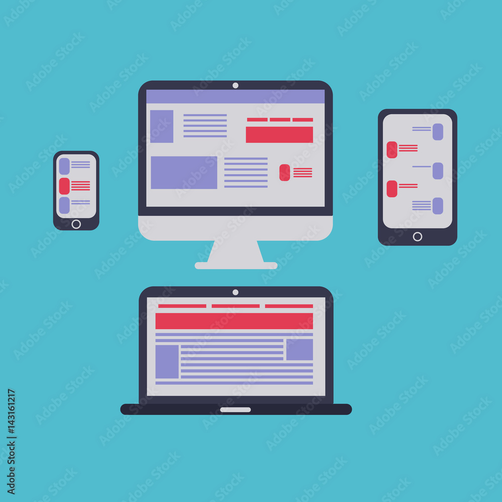 Tablet, laptop, phone and computer isolated on a light blue background. Social media. Image from the screen with a chat and news site. Flat design Tablet, laptop, phone and computer isolated on a light blue background. Social media. Image from the screen with a chat and news site. Flat design