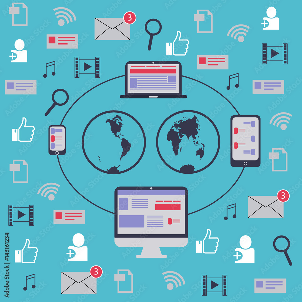 Global social media network. Abstract background in the form of the Earth, gadgets and web icons. Design of the wrapper. Flat design