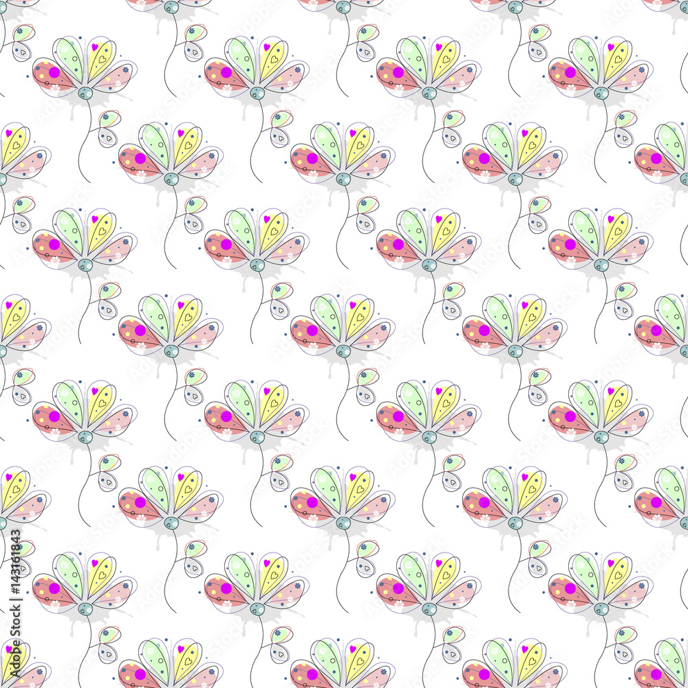 Fototapeta premium Vector seamless floral pattern Hand drawn outline decorative endless background with cute drawn flowers, decorative elements Graphic illustration. Line drawing. Print for wrapping, background, decor