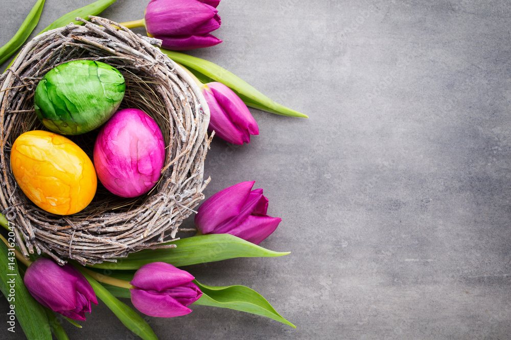 Spring greeting card. Easter eggs in the nest. Spring flowers tulips.