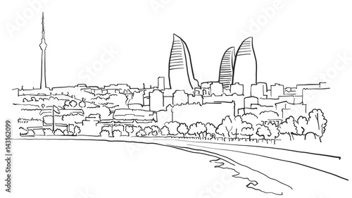 Baku Azerbaijan Panorama Sketch