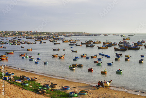 Vietnamese fishing village, Mui Ne, Vietnam, Southeast Asia. Landscape with sea and traditional colorful fishing boats