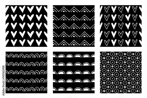 Set of seamless vector patterns. Black and white geometrical endless backgrounds with hand drawn geometric shapes, triangles, circles, dots, lines, Simple graphic design. Repeat decorative ornament.