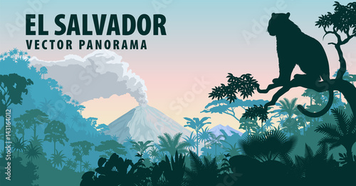 vector panorama of El Salvador with jungle raimforest and jaguar photo