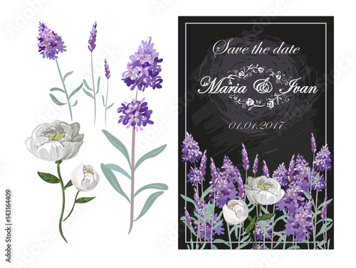 Invitation with lavender and peony on chalkboard vector