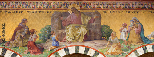 Photography BERLIN, GERMANY, FEBRUARY - 14, 2017: The Fresco of Jesus Christ among the children in Herz Jesus church by Friedrich Stummel and Karl Wenzel from end of 19