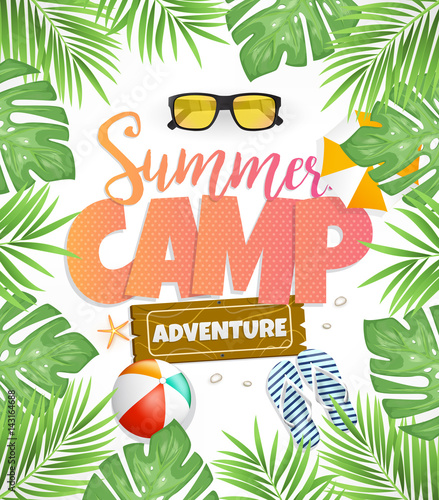 Summer Camp Vector Poster Design for Adventure with Tropical Leaves

