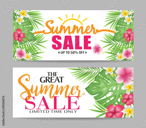 Floral Summer Sale Banners with Tropical Leaves and Colorful Flowers for Promotional Purposes Vector Illustration
 photo