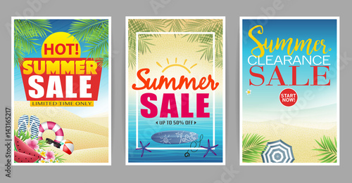Summer Sale Poster with Colorful and Creative Beach Background Vector Illustration

