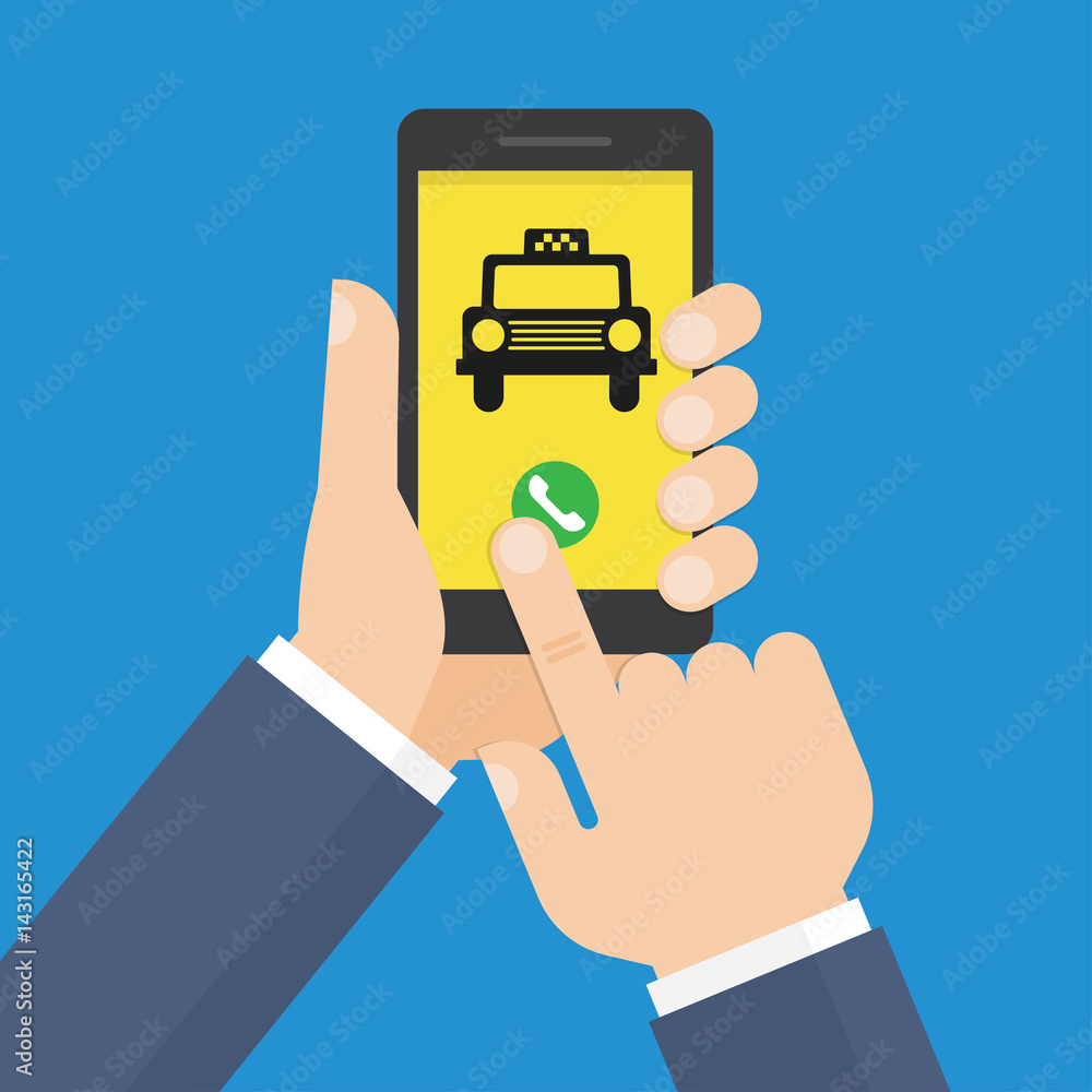Human hand holds smartphone with mobile app Taxi service Human hand holds smartphone with mobile app Taxi service