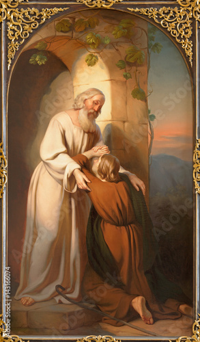 VIENNA, AUSTRIA - DECEMBER 19, 2016: The painting of scene comeback of Prodigal son in church kirche St. Laurenz (Schottenfelder Kirche) by Carl Johann Nepomuk Hemerlein (1807 - 1884).