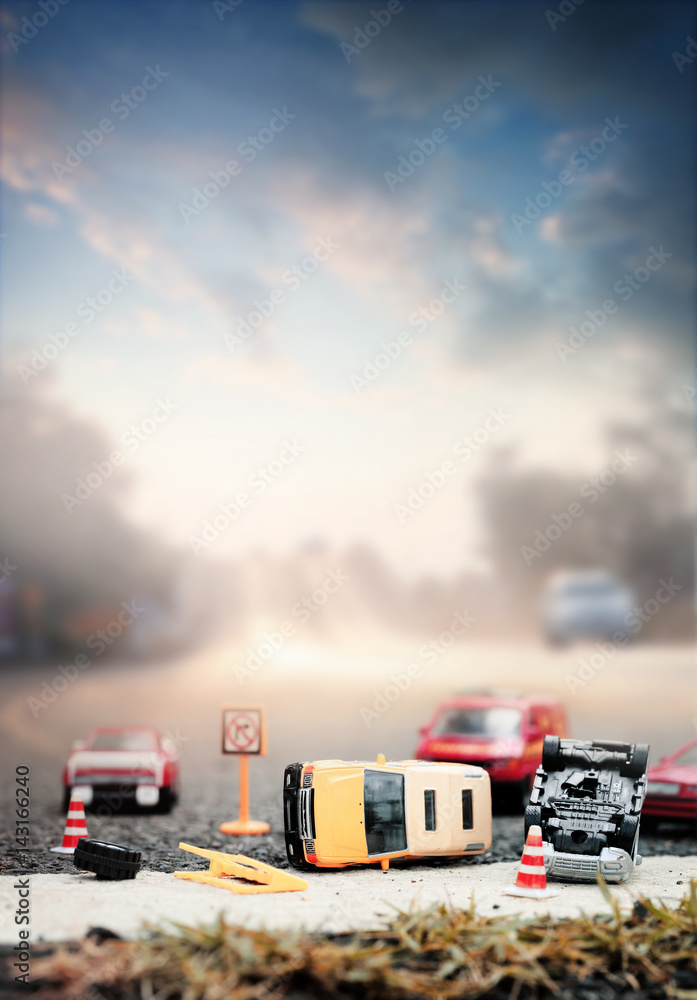 Scene of cars (miniature, toy model ) accident on street.Insurance concept.