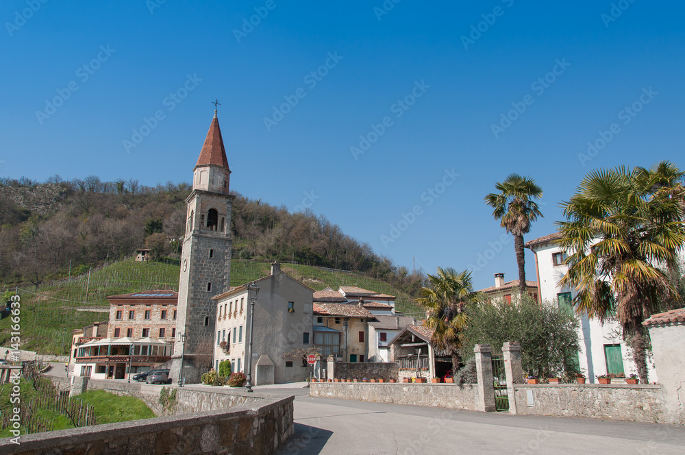 Small village in the prosecco vineyard hills