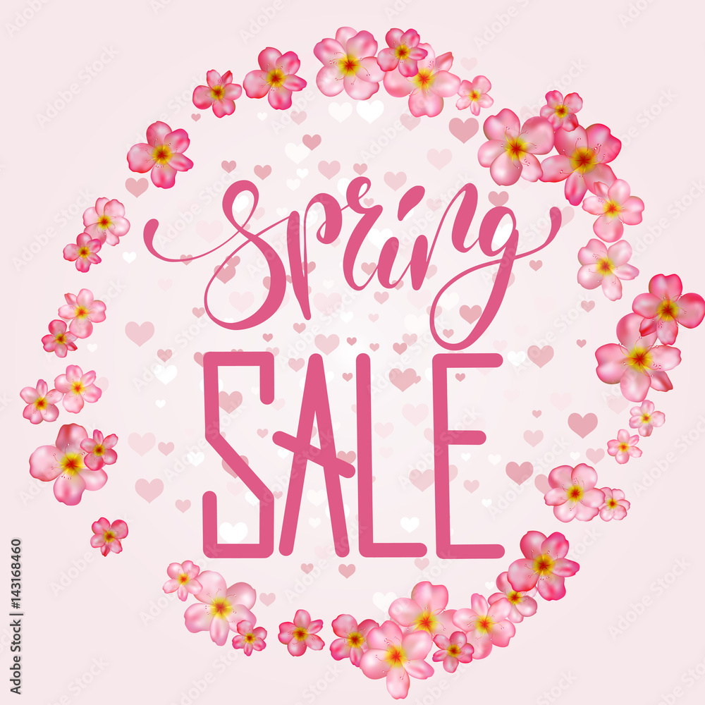 Spring sale handwritten lettering design with blossom flowers. Vector