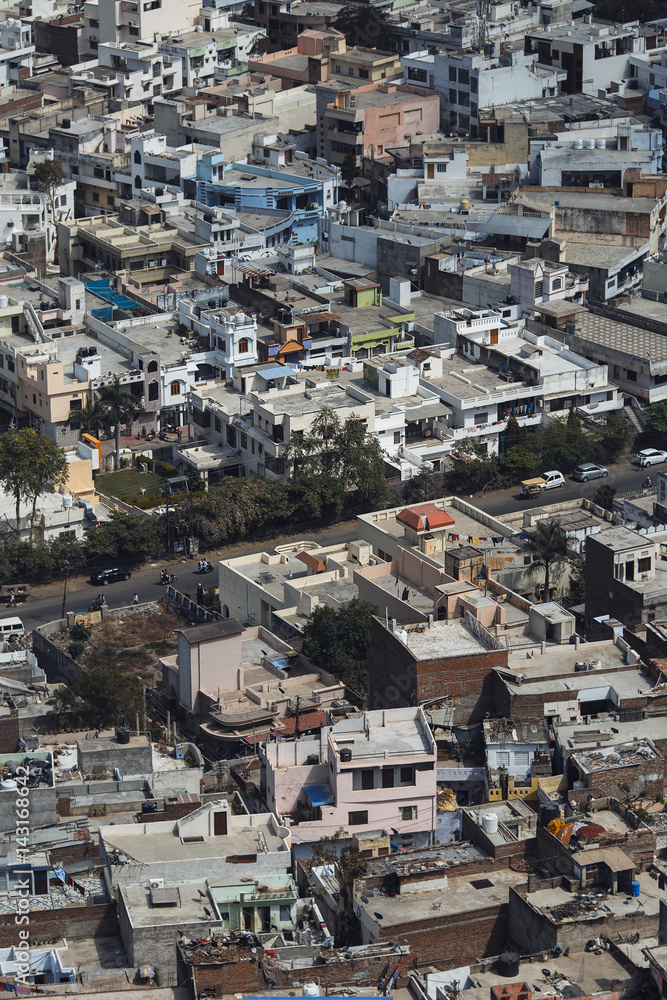 Pattern of the rooftop an aerial view. Densely built up area of India. Indian slums.