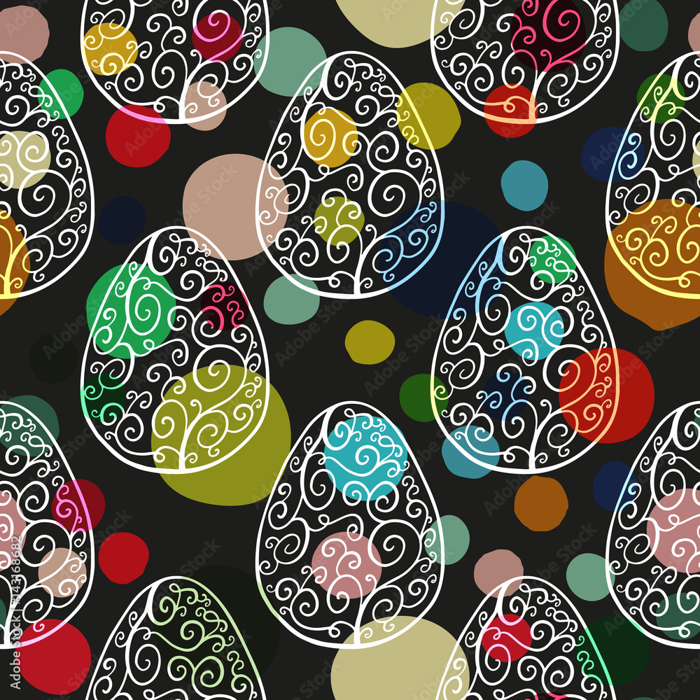 Seamless pattern with hand drawn ornamental eggs and colorful scattered confetti. Seamless pattern with hand drawn ornamental eggs and colorful scattered confetti.