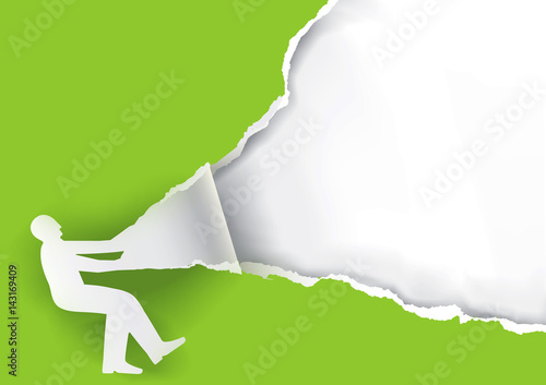 Man Ripping green Paper Background.
Paper silhouette of man ripping green paper background with place for your text or image. Vector available.