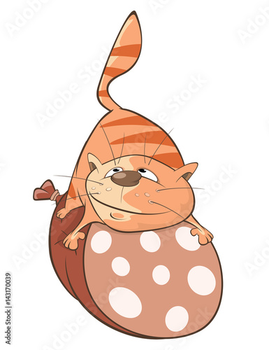 Illustration of a Cute Cat and a Sausage. Cartoon Character
