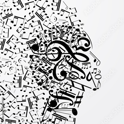 Abstract female profile composed of musical signs, notes. Musical poster with DJ, soul of music, cover for CD. 