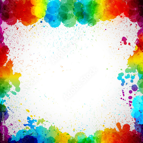 Colorful frame made in splash paint drop blots on a white background. 