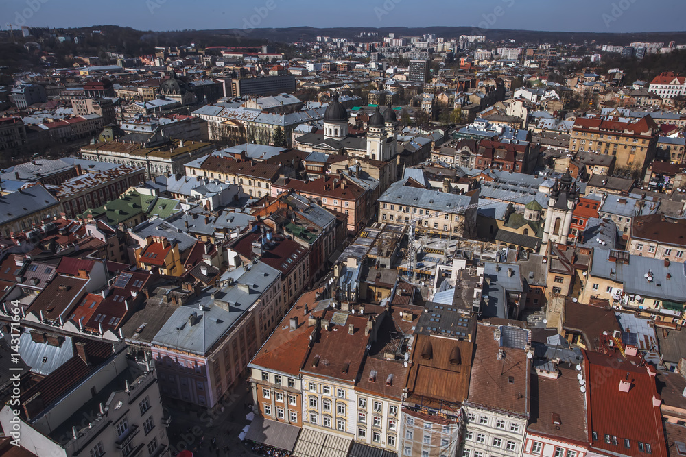 Lviv old city panorama. Ukraine, Europe. Panorama of the city of Lviv. Roofs of Lviv, Ukraine.