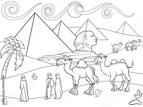 Children coloring vector landscape of Egypt with the pyramids