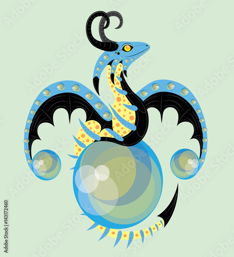 The blue dragon sits on a sphere