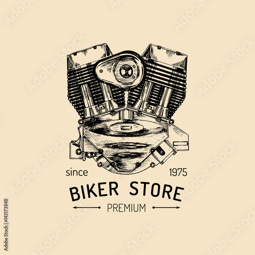 Vector vintage motorcycle repair logo with engine. Retro hand sketched garage label. Custom chopper store emblem.