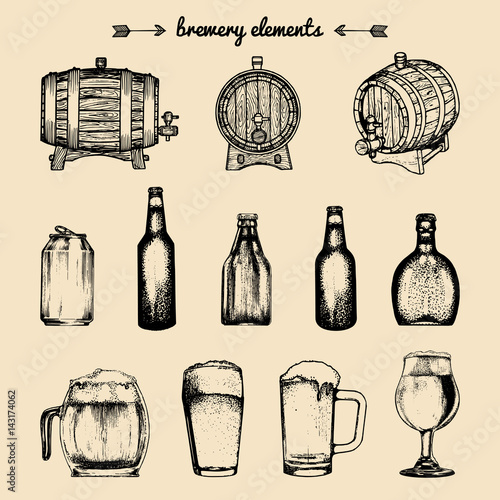 Vector set of vintage brewery elements. Retro collection with beer icons. Lager, ale barrels, bottles etc illustrations.
