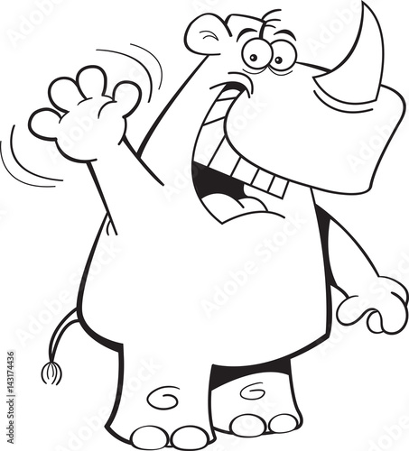 Black and white illustration of a rhino waving.