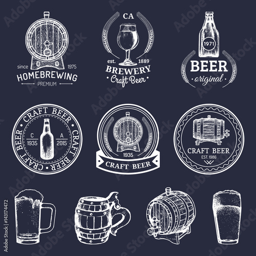 Old brewery logos set. Kraft beer retro images with hand sketched glass, barrel etc. Vector vintage labels or badges.