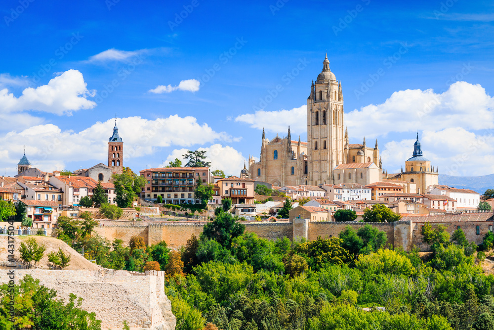 Segovia, Spain. View over the town with its cathedral and medieval walls.