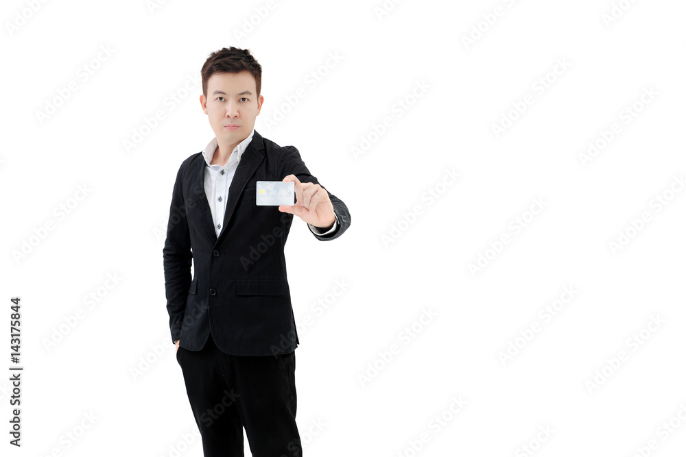 Portrait of young smart asia business man show credit card isolated on white background. Portrait of young smart asia business man show credit card isolated on white background.