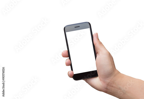 Hand holding black mobile smartphone blank white screen isolated on white background
