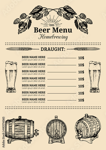 Beer menu design template.Vector pub, restaurant card with hand sketched lager,ale illustrations. Brewery elements icons