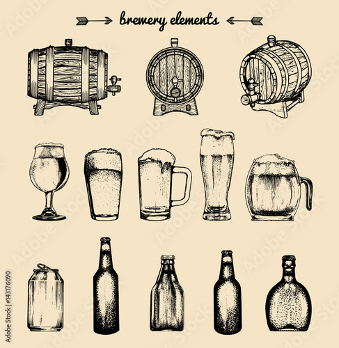 Vector set of vintage brewery elements. Collection of beer,lager,ale signs. Barrels,bottles etc sketched illustrations.