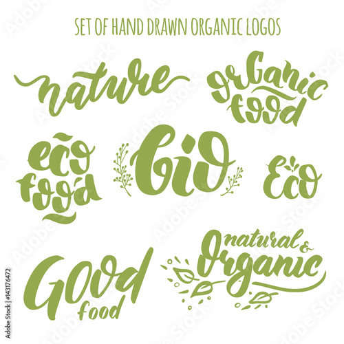Set of hand drawn organic logos. Friendly Eco lettering