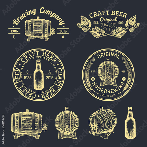 Old brewery logos set. Kraft beer retro signs with hand sketched glass, barrel, bottle etc. Vector lager, ale labels.