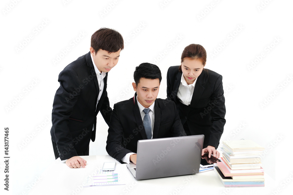 a group of business people working together with a laptop at office a group of business people working together with a laptop at office