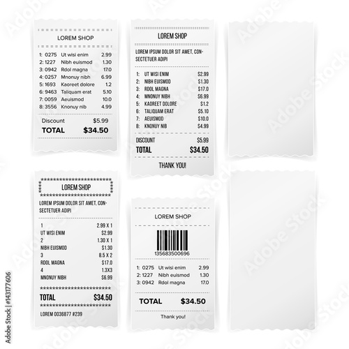 Sales Printed Receipt White Empty Paper Blank Vector. Shopping Paper Bill Atm vector Mock Up. Paper Check And Financial Check Isolated