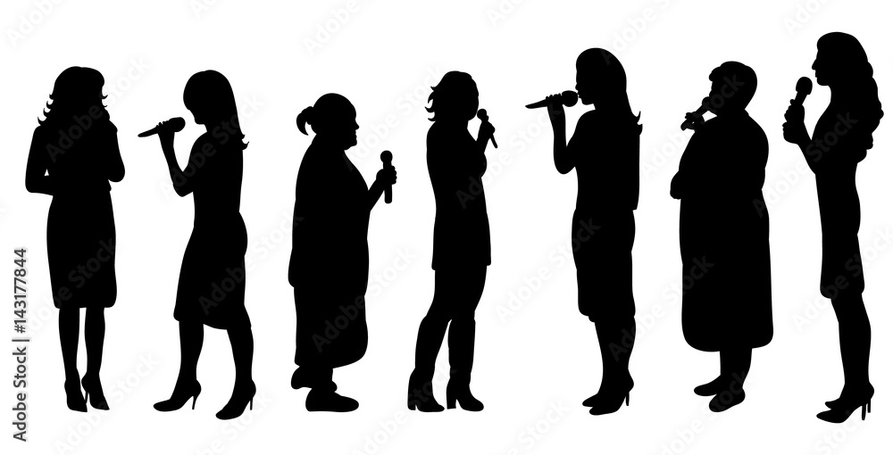 Collection of silhouettes of women singing into the microphone,