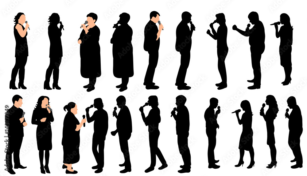 A collection of silhouettes of people singing into the microphone, vector