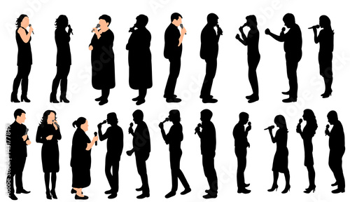 A collection of silhouettes of people singing into the microphone, vector