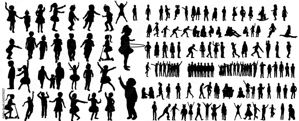 Collection of children silhouettes boys and girls set, vector illustration - obrazy, fototapety, plakaty 