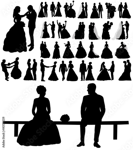 Collection of silhouettes of the bride and groom love, set, vector illustration