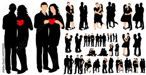 Collection of couple silhouettes guy and girl love, set, vector illustration