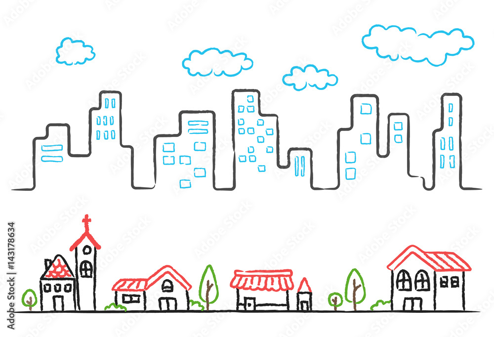 Cartoon hand drawing of city landscape and small town. vector illustration  on white background. Stock Vector | Adobe Stock