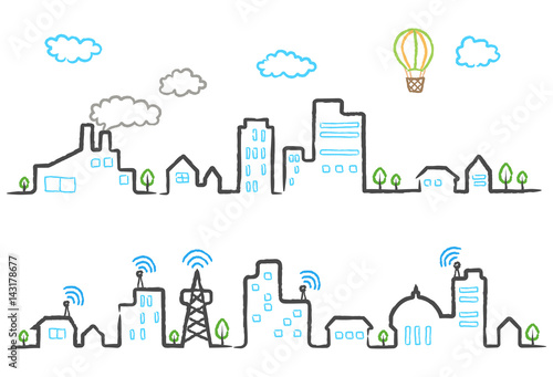 Cartoon hand drawing of small town. vector illustration on white background.