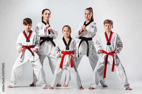 The studio shot of group of kids training karate martial arts