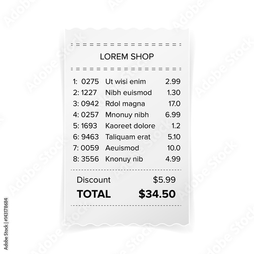 Printed Receipt Vector. Bill Atm Template, Cafe Or Restaurant Paper Financial Check Realistic Illustration